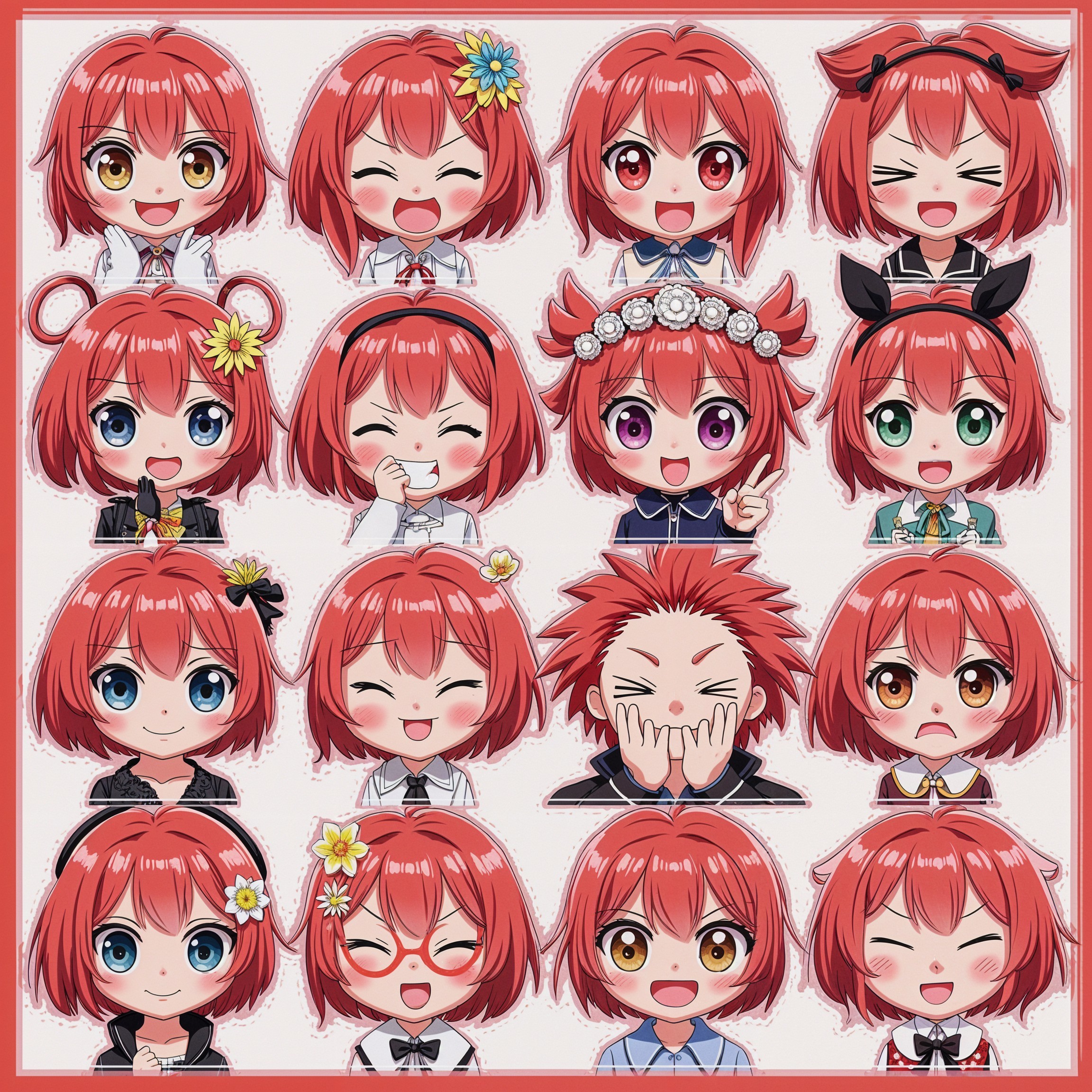Grid of 16 Anime Characters with Red Hair and Emotions