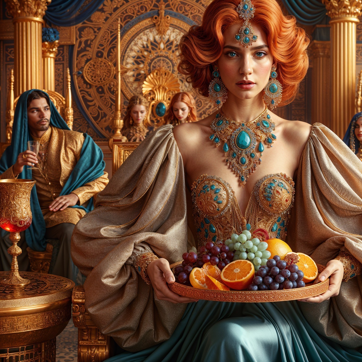 Regal Woman with Fruits in Opulent Palace Setting