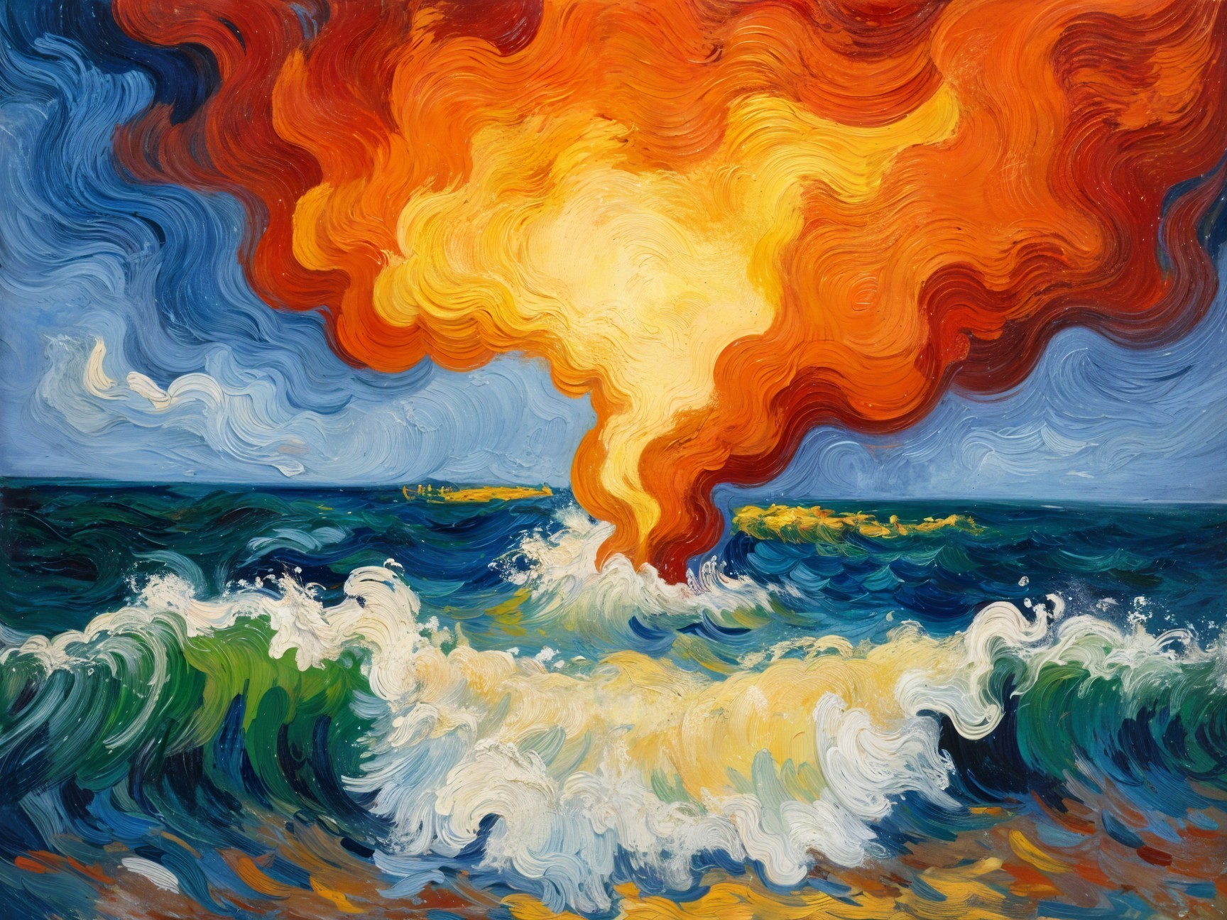 Vibrant Seascape with Tumultuous Waves and Dramatic Sky