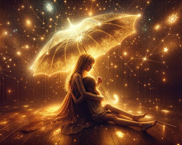 Ethereal Scene of Woman and Child Under Glowing Umbrella