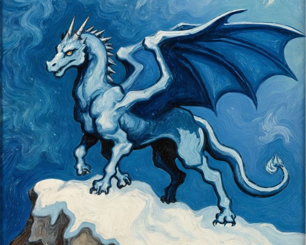 Majestic Blue Dragon on Snowy Cliff with Swirling Sky