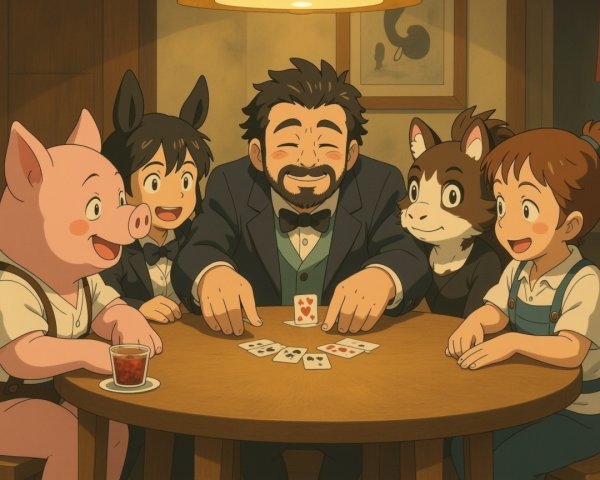 Whimsical Game Night with Five Characters at a Table