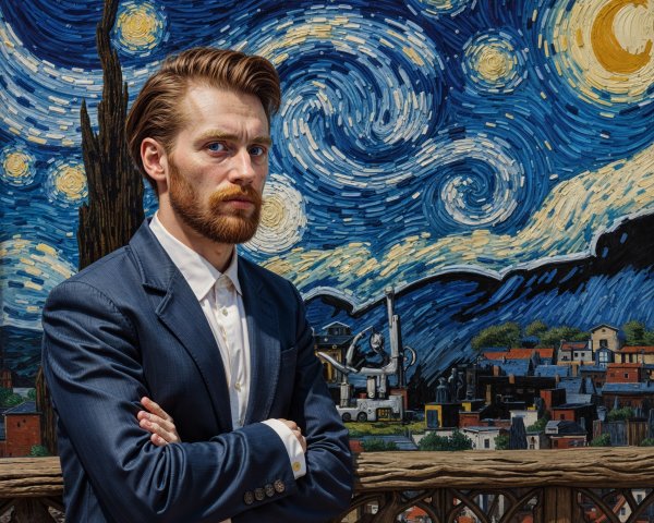 Man in Suit Against Starry Night Background