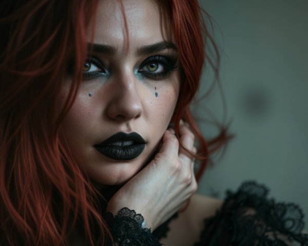 Close-up of a woman with red hair and bold makeup