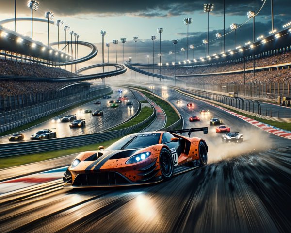 Thrilling Race Scene on a Vibrant Floodlit Track