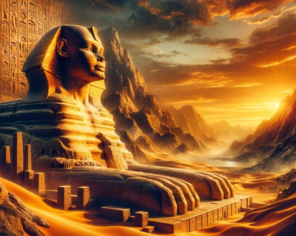 Majestic Sphinx in Golden Desert Landscape at Sunset