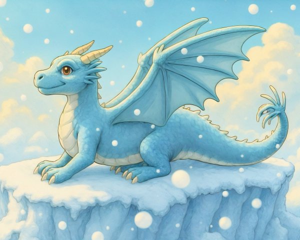 Whimsical Blue Dragon on Snowy Peak with Clouds