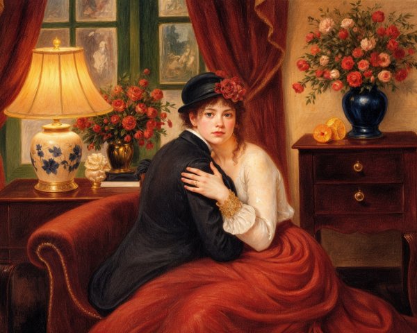 Woman in Red Gown and Man in Intimate Setting
