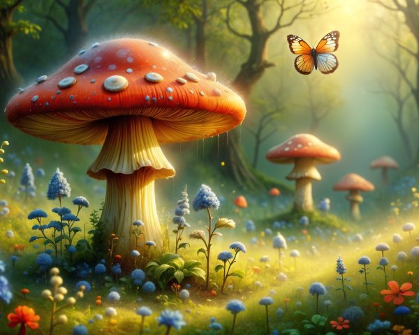 Whimsical Forest Scene with Vibrant Mushrooms and Butterflies