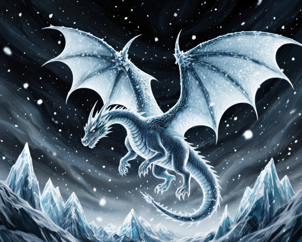 Majestic Ice Dragon in Stormy Sky with Snowy Mountains