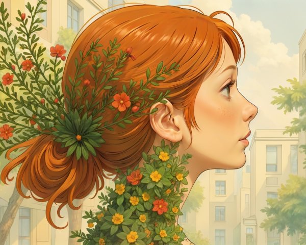 Profile of a Young Woman with Red Hair and Flowers