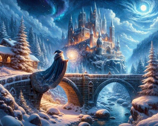 Majestic winter scene with cloaked figure and castle