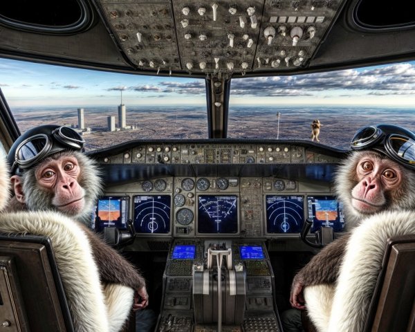 Monkeys in Aviator Goggles in Airplane Cockpit Scene