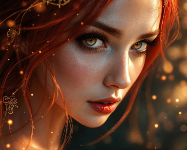 Close-up portrait of a woman with golden eyes and red hair