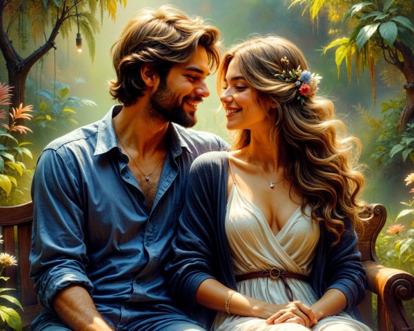 Couple on Bench in Vibrant Garden Setting