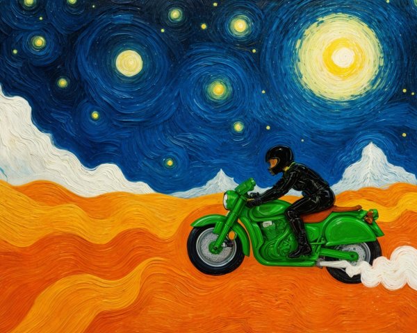 Modern Motorcyclist in Vibrant Starry Night Landscape