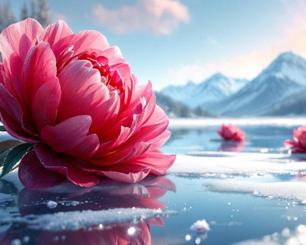 Vibrant Pink Flower on Icy Lake in Winter Landscape