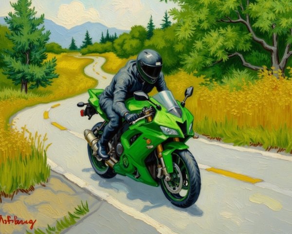 Motorcyclist on Green Sport Bike Amidst Scenic Landscape