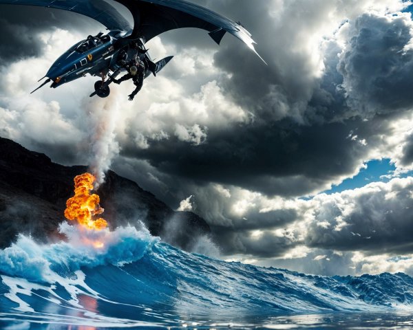 Futuristic flying machine over turbulent ocean scene