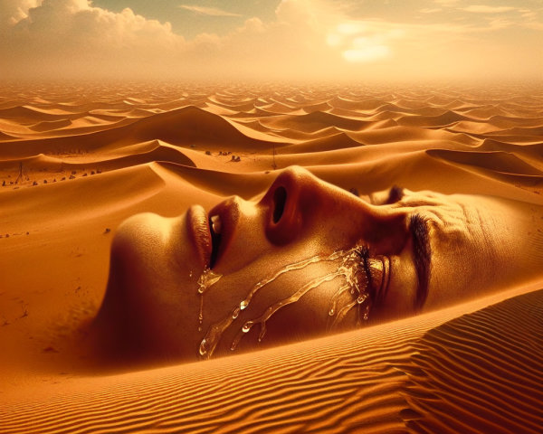 Surreal Desert Scene with Embedded Face and Tears
