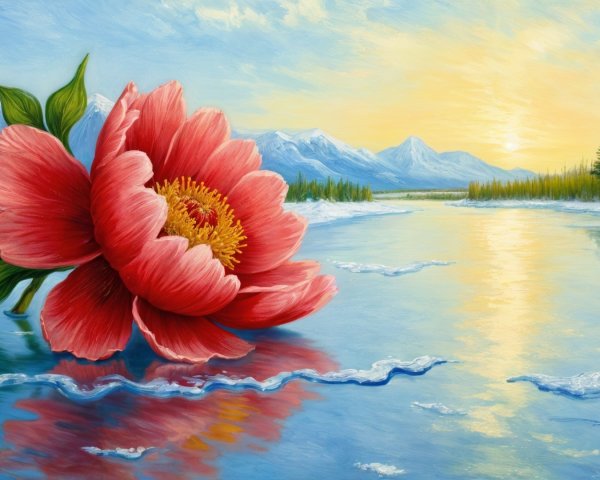 Vibrant Pink Peony in Serene Winter Landscape