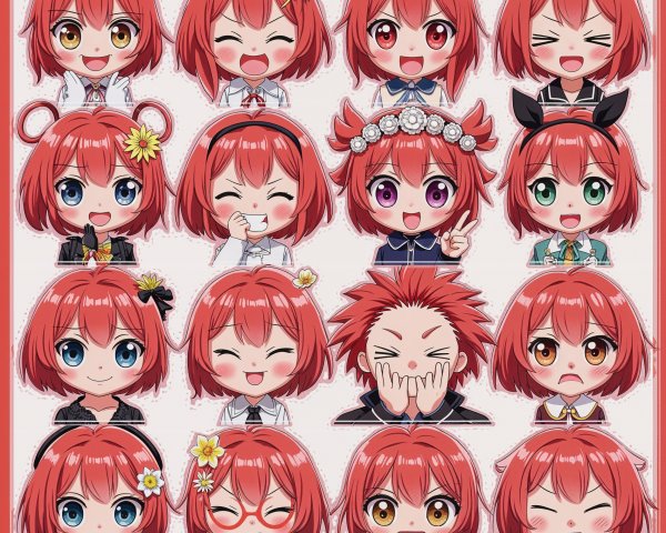 Grid of 16 Anime Characters with Red Hair and Emotions