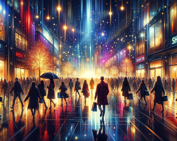Vibrant City Street with Colorful Lights and Shoppers