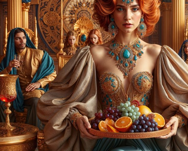 Regal Woman with Fruits in Opulent Palace Setting