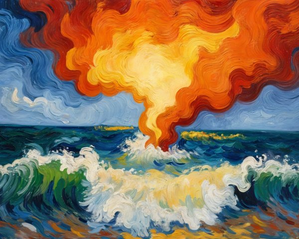 Vibrant Seascape with Tumultuous Waves and Dramatic Sky