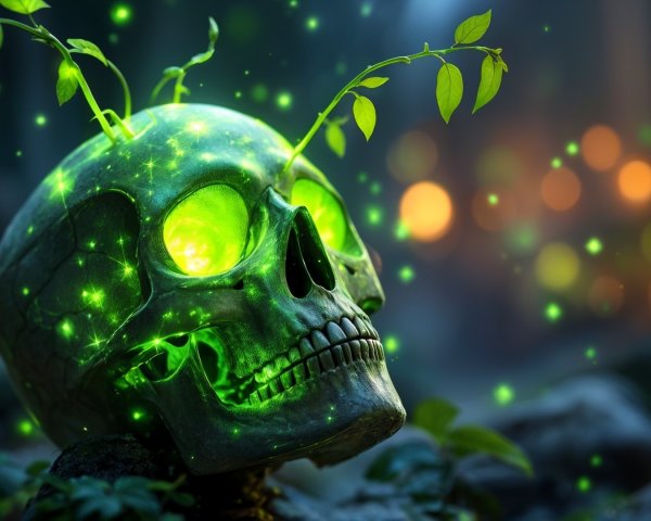 Luminous Green Skull Surrounded by Vines and Orbs