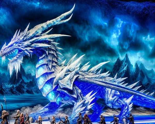Massive Ice Dragon Over Warriors in Frozen Landscape