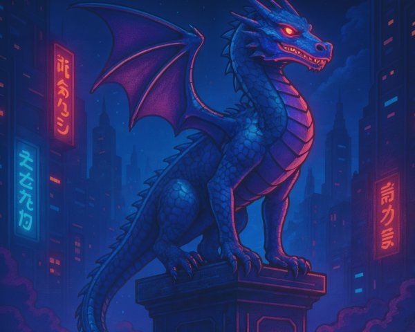 Blue Dragon on Stone Pedestal with Neon City Skyline