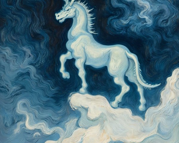 Majestic Unicorn on Swirling Clouds in Blue Shades