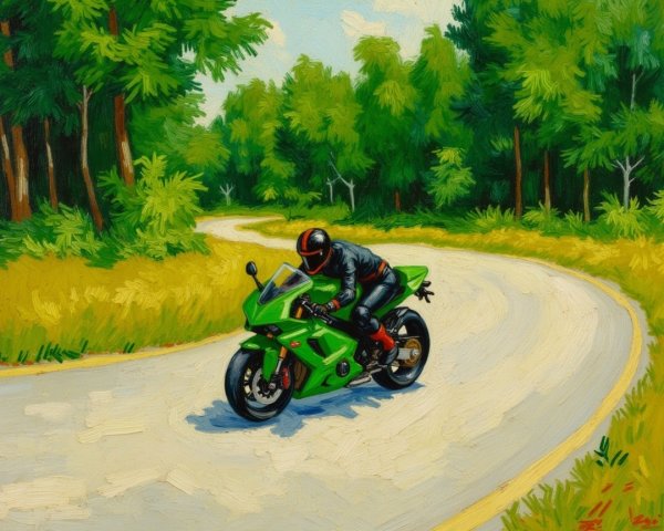 Impressionistic Painting of a Motorcyclist in Nature