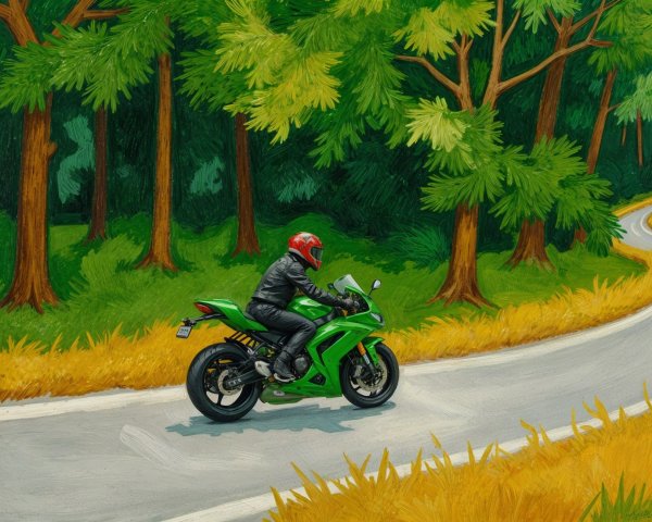 Motorcyclist in Green Outfit Riding Through Forest Road