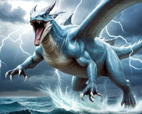 Blue Dragon Flying Through Stormy Sky and Ocean Waves