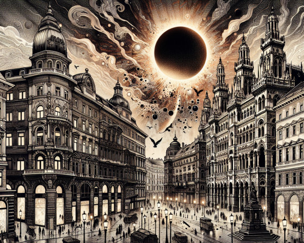 Surreal Cityscape Under Solar Eclipse with Historical Buildings
