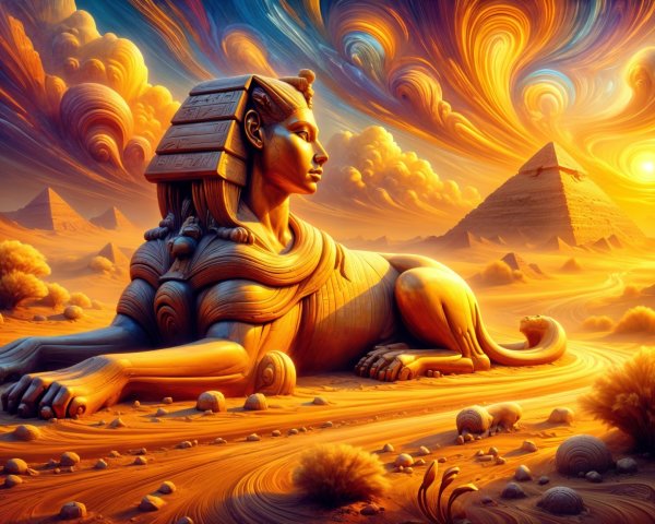 Majestic Sphinx in Vibrant Desert Landscape at Sunset