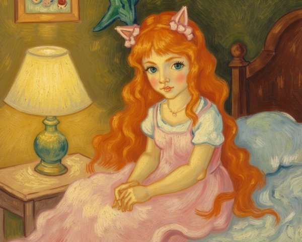 Young girl with red hair in cozy room setting