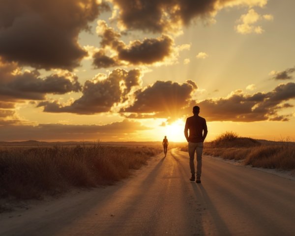 Silhouetted figures walking on a tranquil sunset road