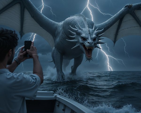 Dragon Emerges from Ocean Amidst Lightning Storm