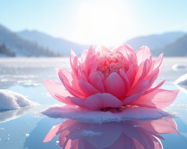 Pink Lotus Flower on a Frozen Lake with Mountains