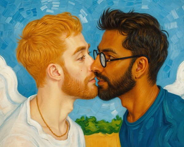 Two Men Kissing Under a Vibrant Sky