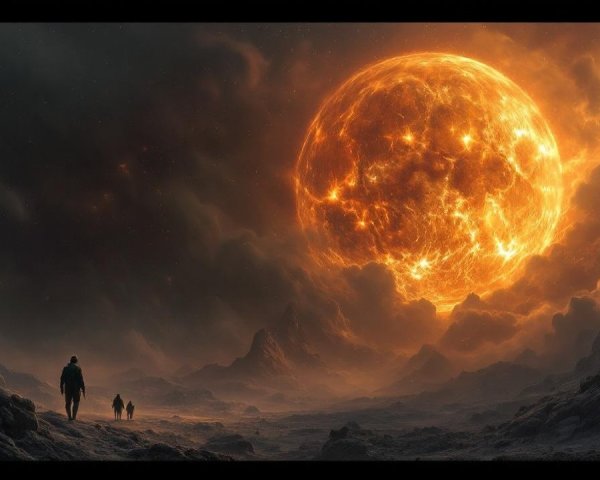 Desolate Landscape Under Fiery Sun with Silhouetted Figures