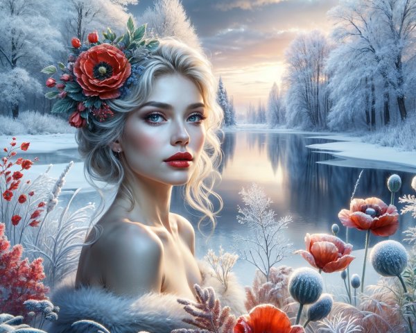 Winter Landscape with a Thoughtful Young Woman