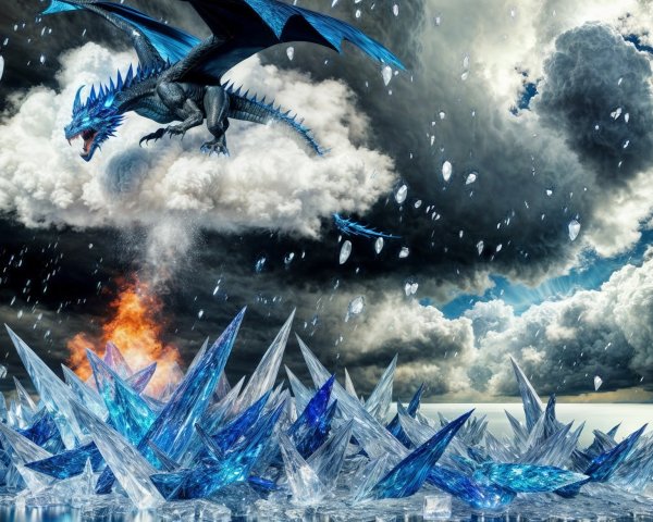 Blue Dragon Over Ice Landscape with Storm Clouds