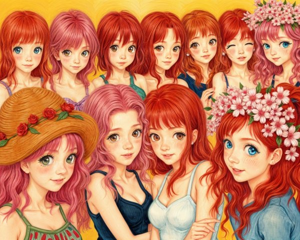 Vibrant Illustration of Young Women with Colorful Hair