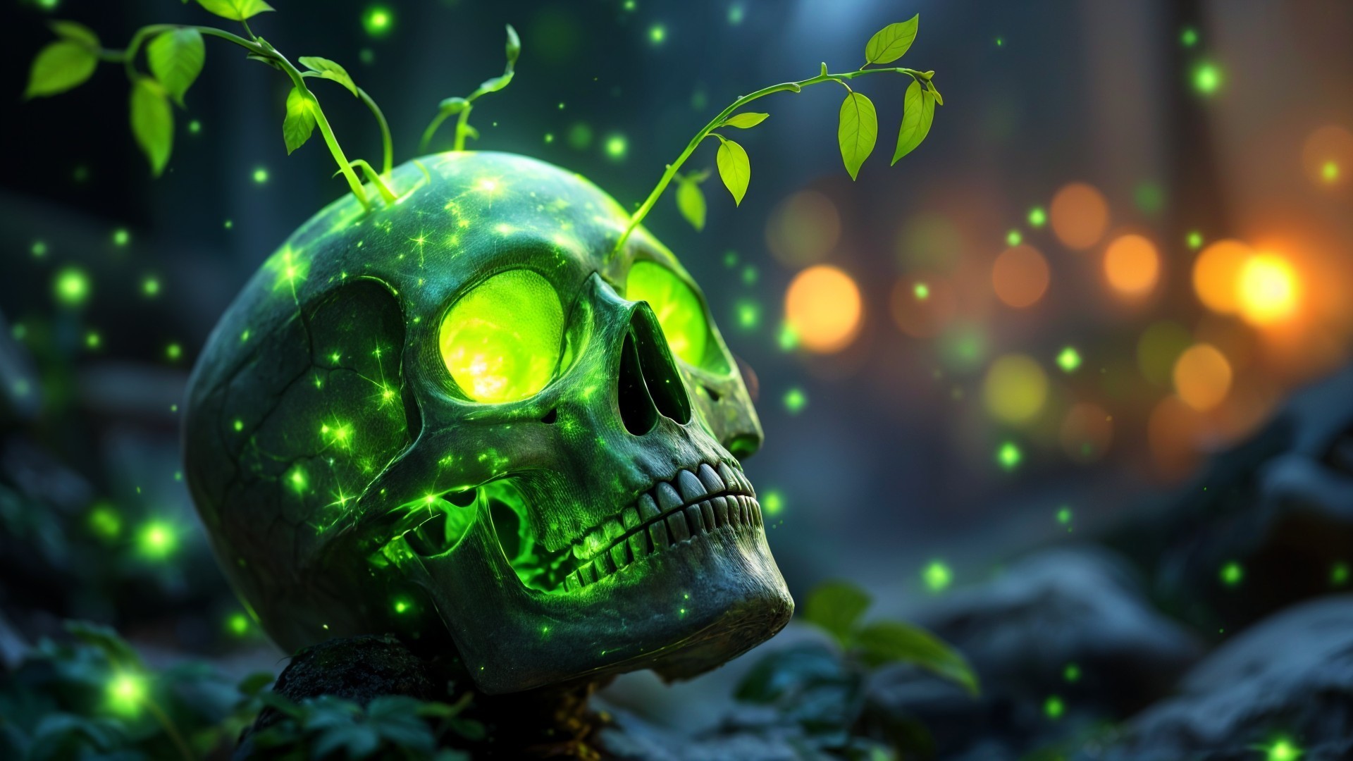 Luminous Green Skull Surrounded by Vines and Orbs