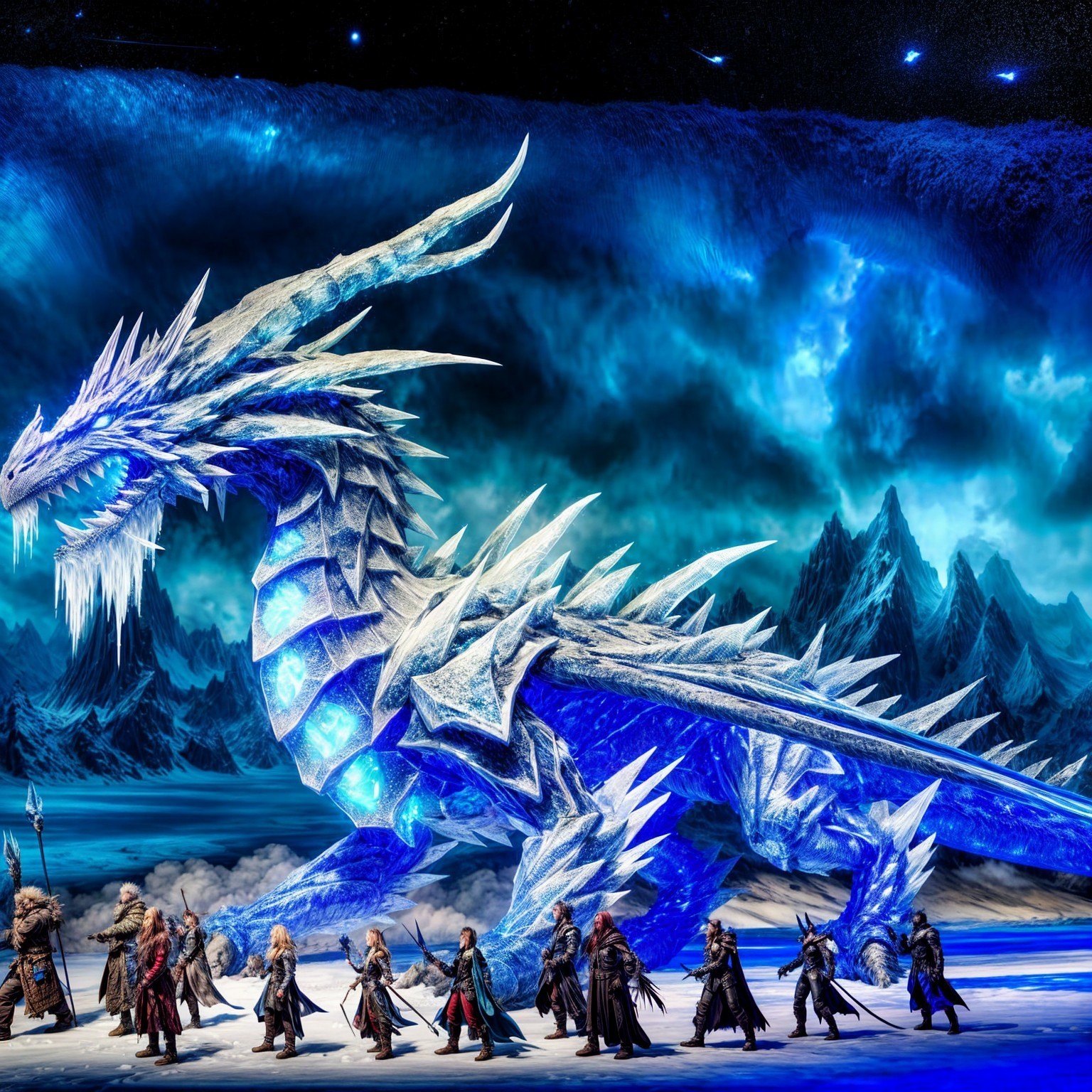 Massive Ice Dragon Over Warriors in Frozen Landscape