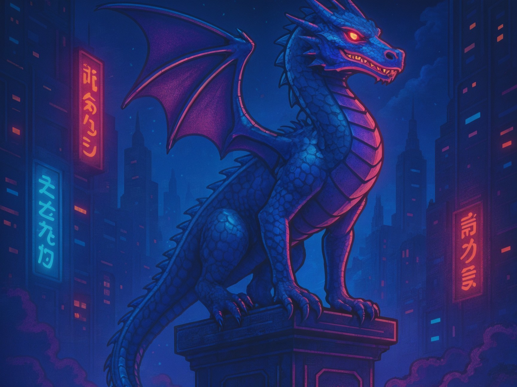 Blue Dragon on Stone Pedestal with Neon City Skyline